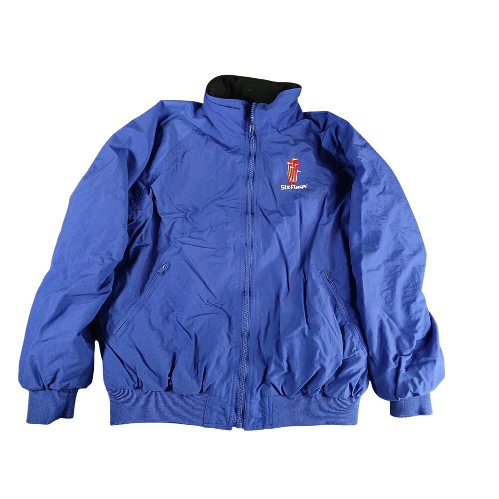 Six Flags Merch Jacket Mens Large Blue Zip Up Puffer Coat Fleece Pockets